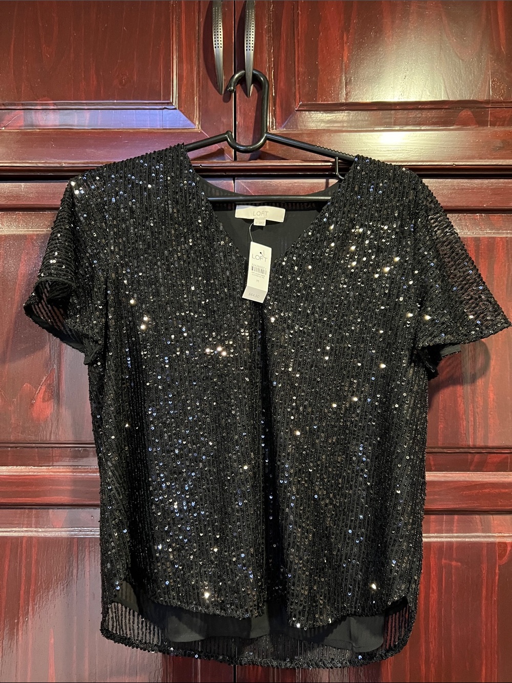 LOFT Black Sequin Short-Sleeve V-Neck Top, NWT, Size M